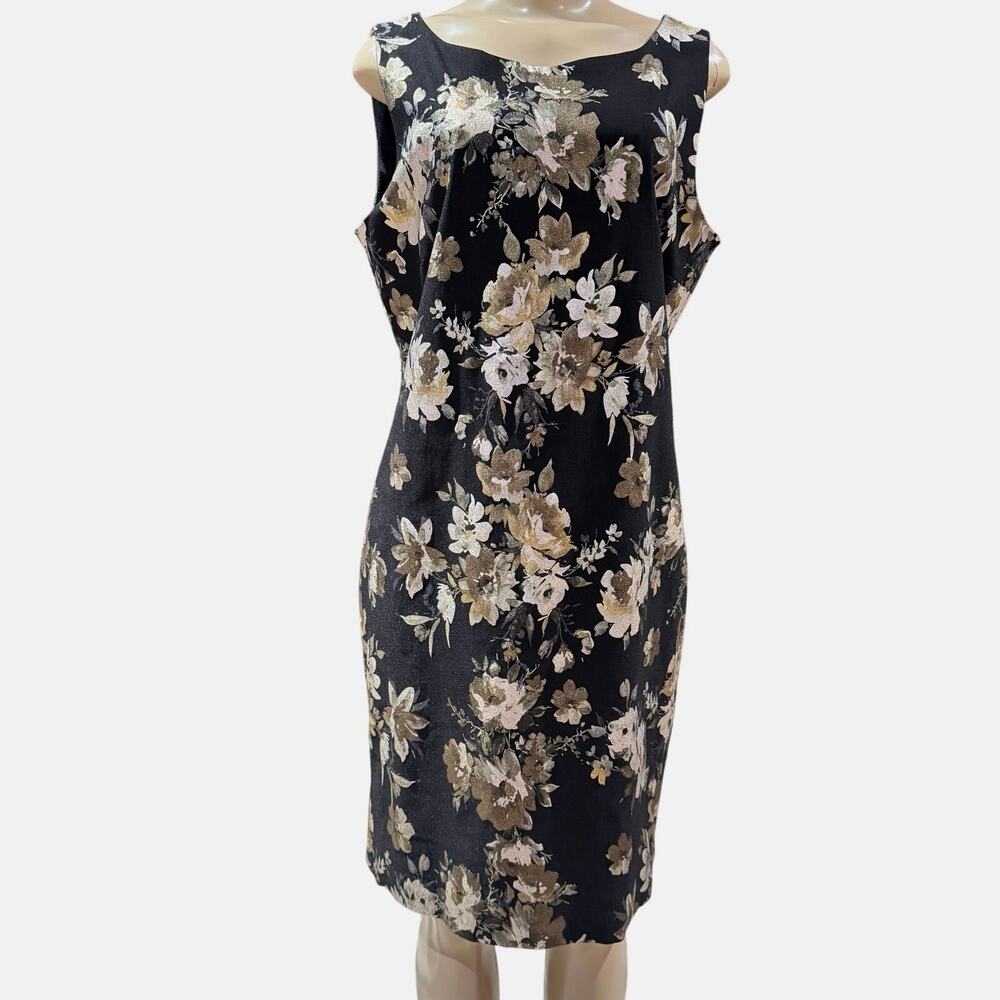 Michael Tyler Metallic Floral Black Gold Sheath Sleeveless Dress Classy sz L NWT